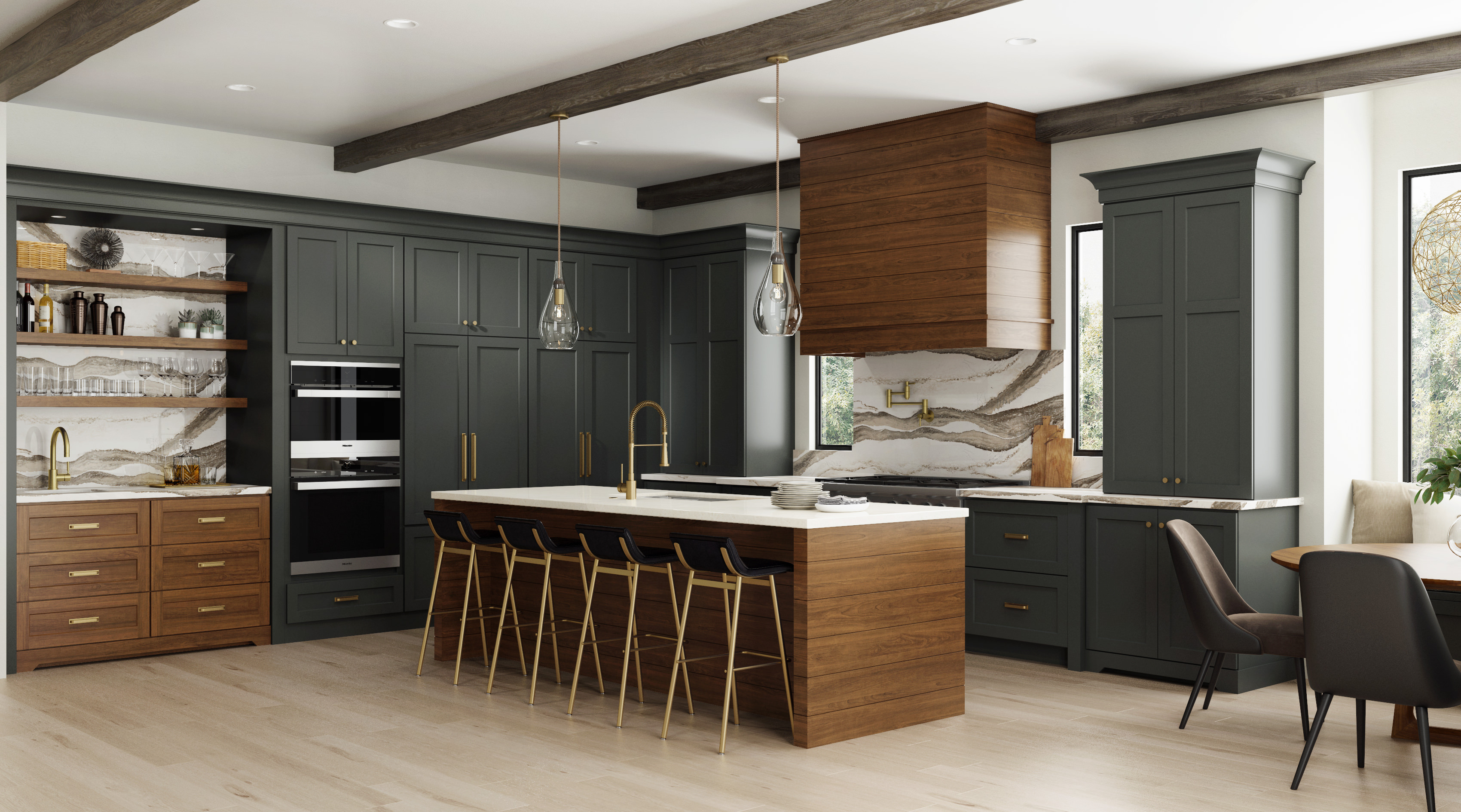 Completed kitchen with natural wood cabinetry and stone countertops